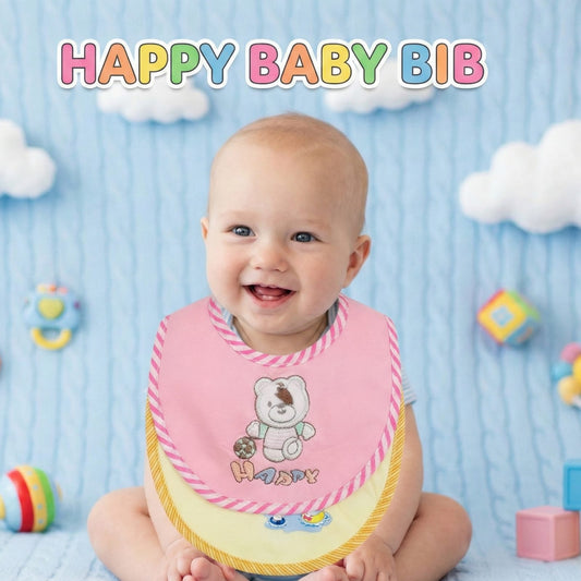 The "Happy Bear" Pink & Yellow Layered Bib